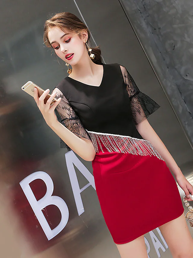 Block Little Black Dress Party Wear Cocktail Partykleid V-Ausschnitt Halbarm Kurzes Mini-Jersey mit Quaste